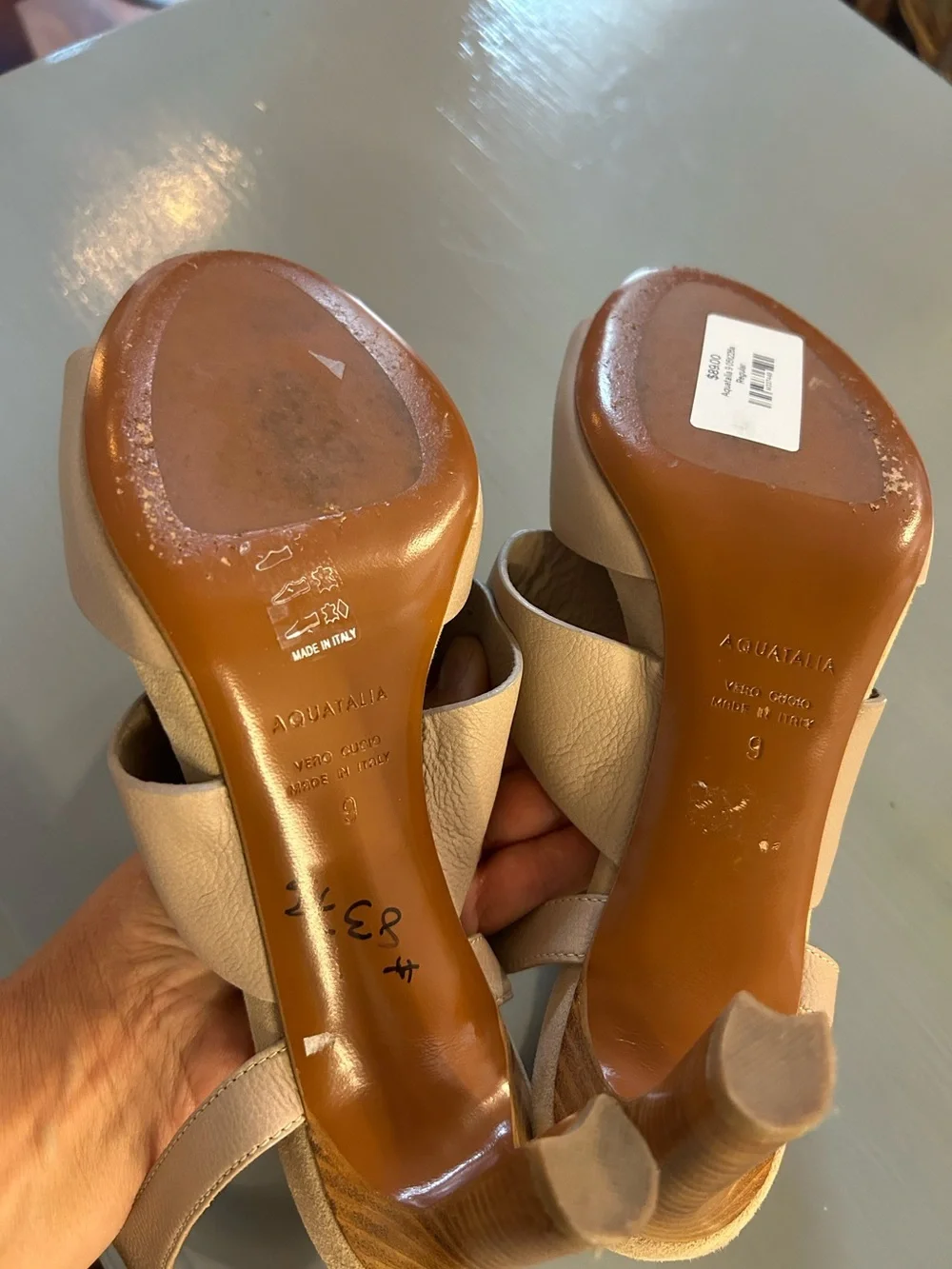Aquatalia Women’s Basha Soft Tumbled Leather Heels Taupe Ankle Strap Shoes 9